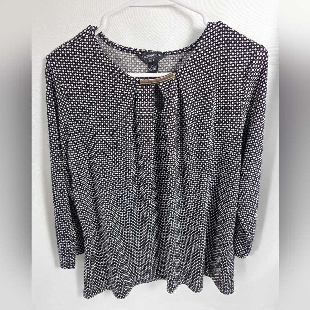 Liz Claiborne Black and White Dot-Print Tunic with Gold Accent